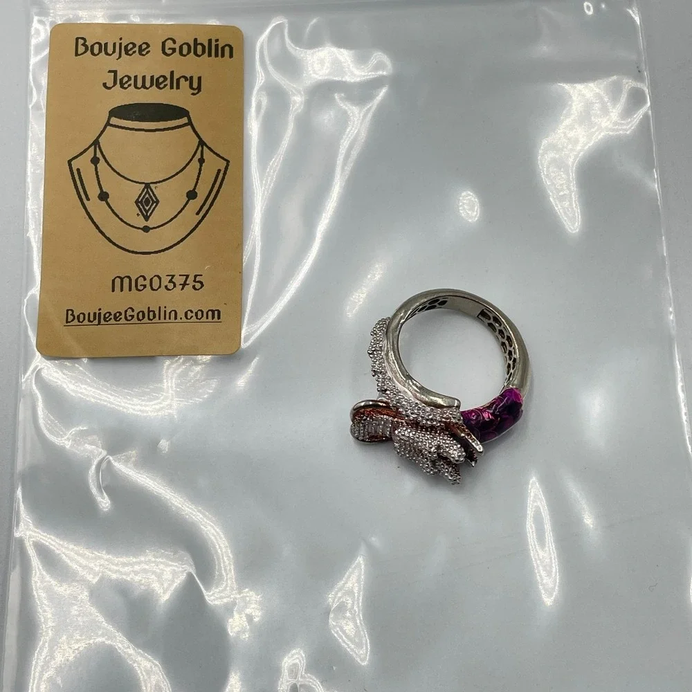 Vintage Silver Tone Textured Dragon Ring Purple Enamel Ruby Red Rhinestone Eyes
